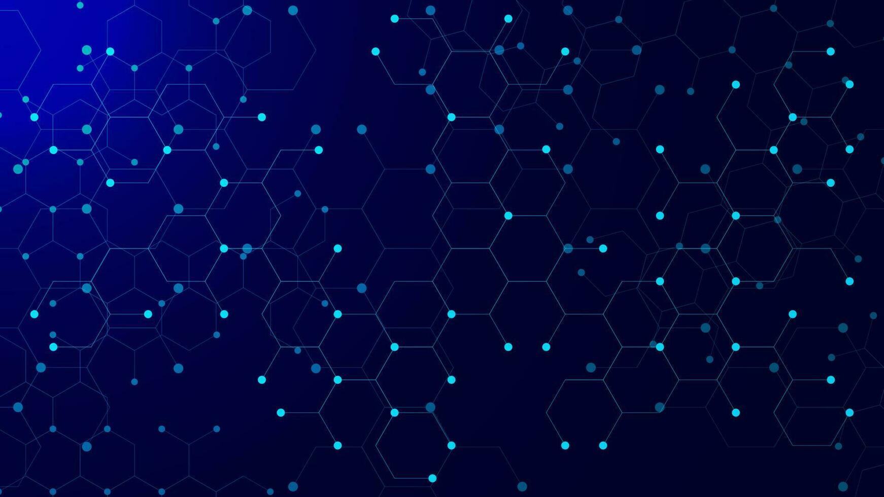 hexagonal molekyl med lysande partiklar för genetisk och kemisk förening systemet begrepp. ansluten prickar och rader. vetenskap och teknologi bakgrund. vektor illustration.