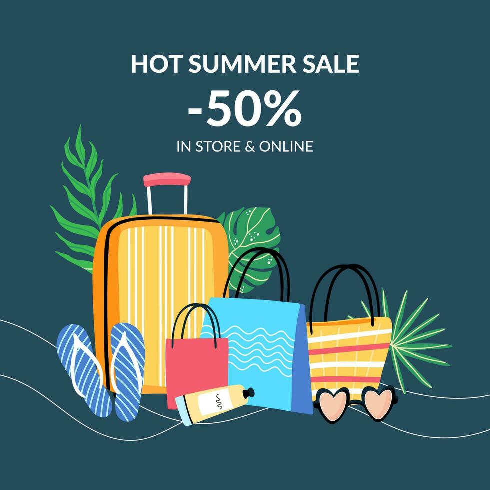 Sommer- Verkauf. Taschen und Kleidung. Hand gezeichnet Vektor Illustration
