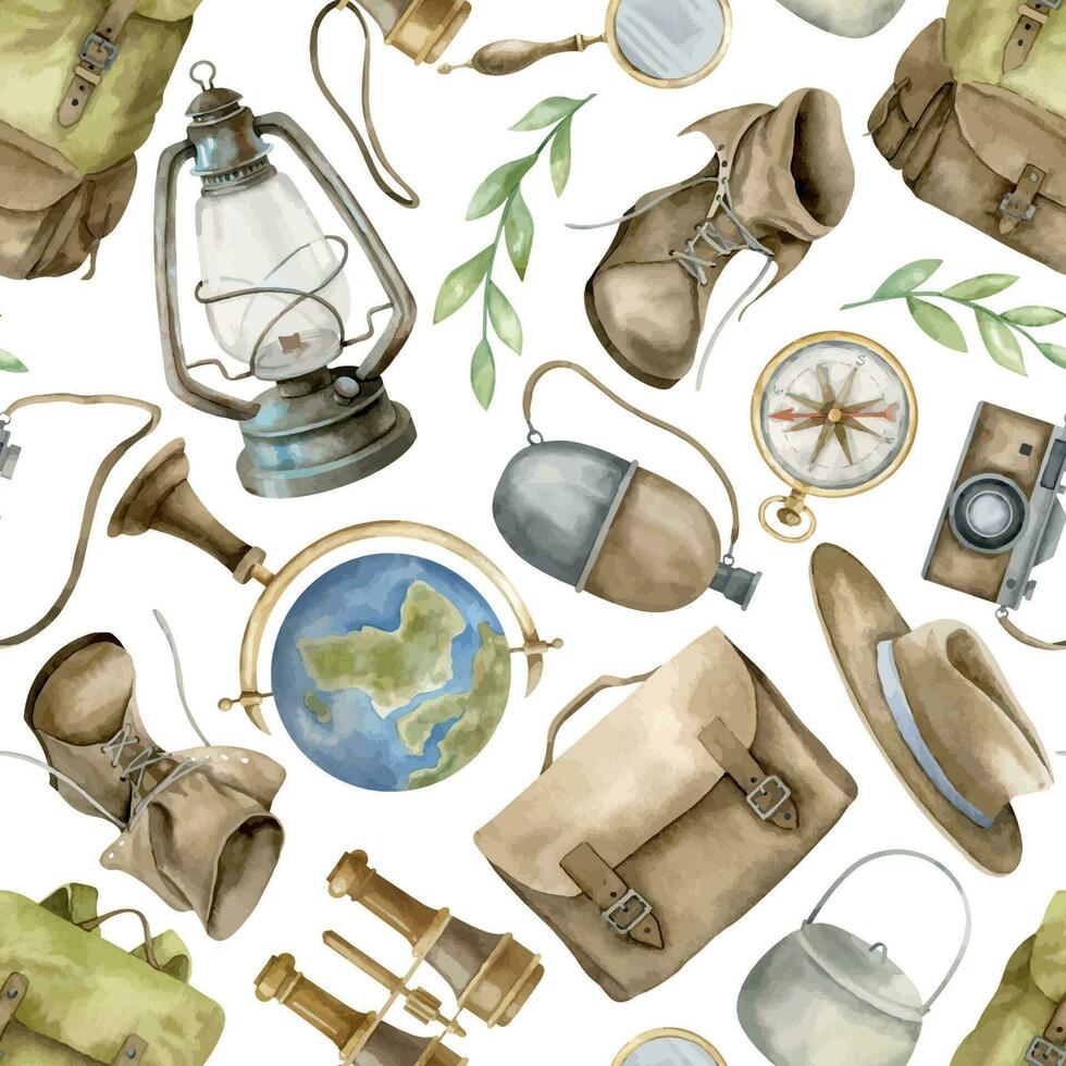 nahtlos Muster mit retro Reise Ausrüstung. Hand gezeichnet Aquarell Ornament mit Abenteuer Rucksack auf Weiß isoliert Hintergrund zum Reise und Camping. Illustration zum Verpackung Papier zum wandern. vektor