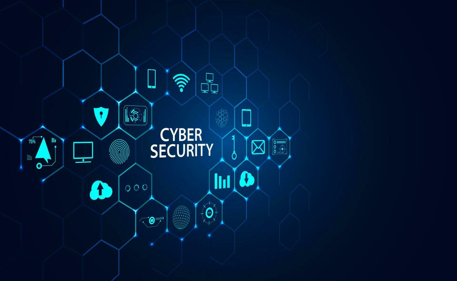 cyber säkerhet begrepp, hänglås och ikoner på hexagonal rutnät, blå bakgrund, skön, trogen vektor