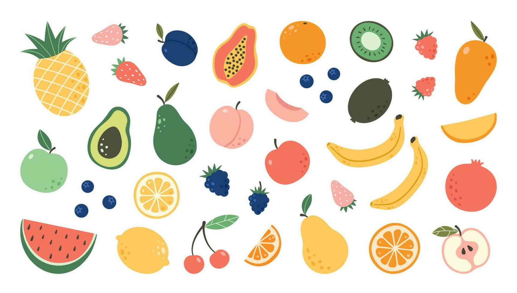 uppsättning hand dragen färgrik klotter frukter. naturlig tropisk frukter. äpple, persika, citron, banan, granatäpple, ananas, päron, avokado, plommon. organisk, vegan mat illustration. vektor