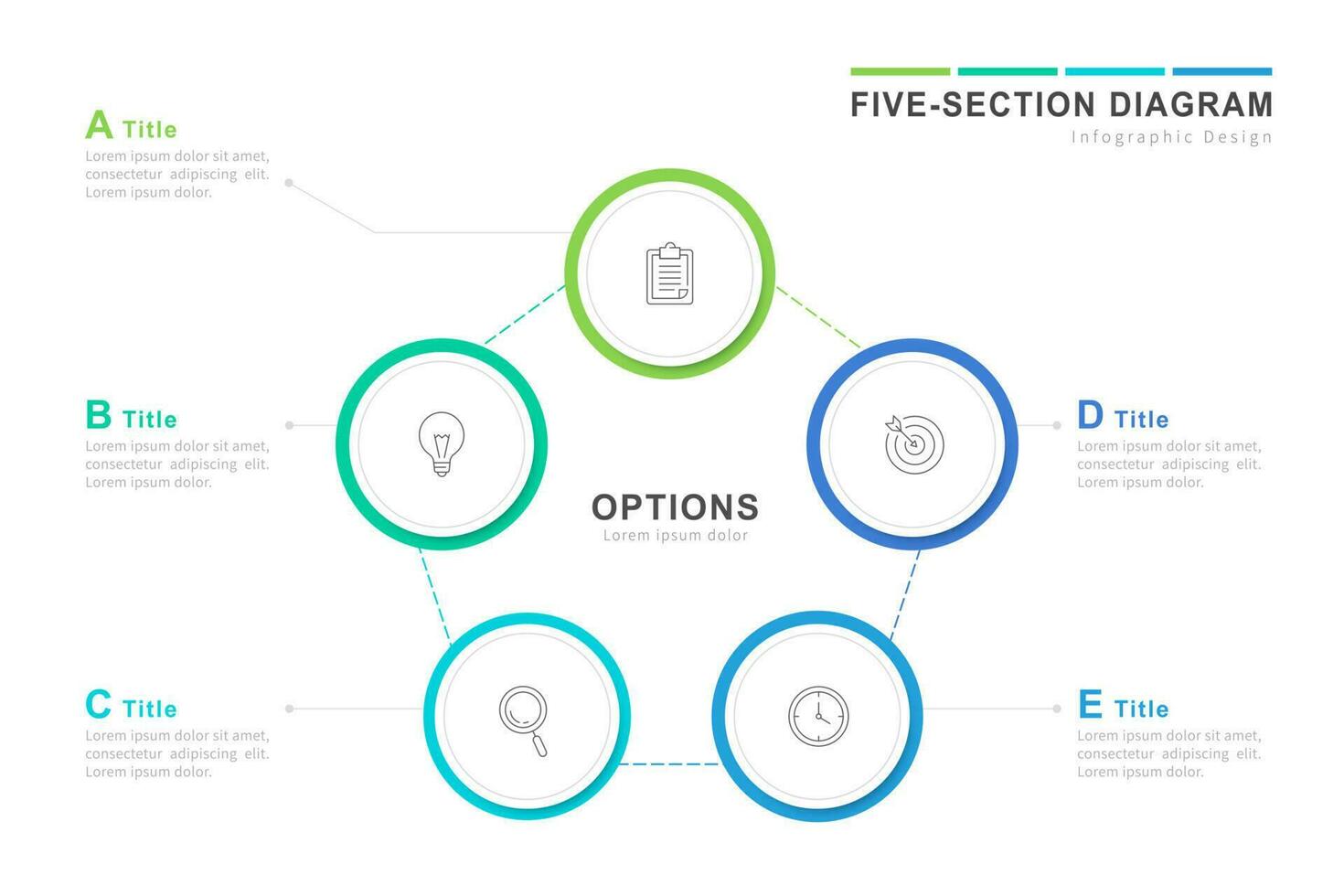 fünf Sektion Diagramm Infografiken, Vektor Illustration von fünf runden Optionen Infografik Design Elemente.