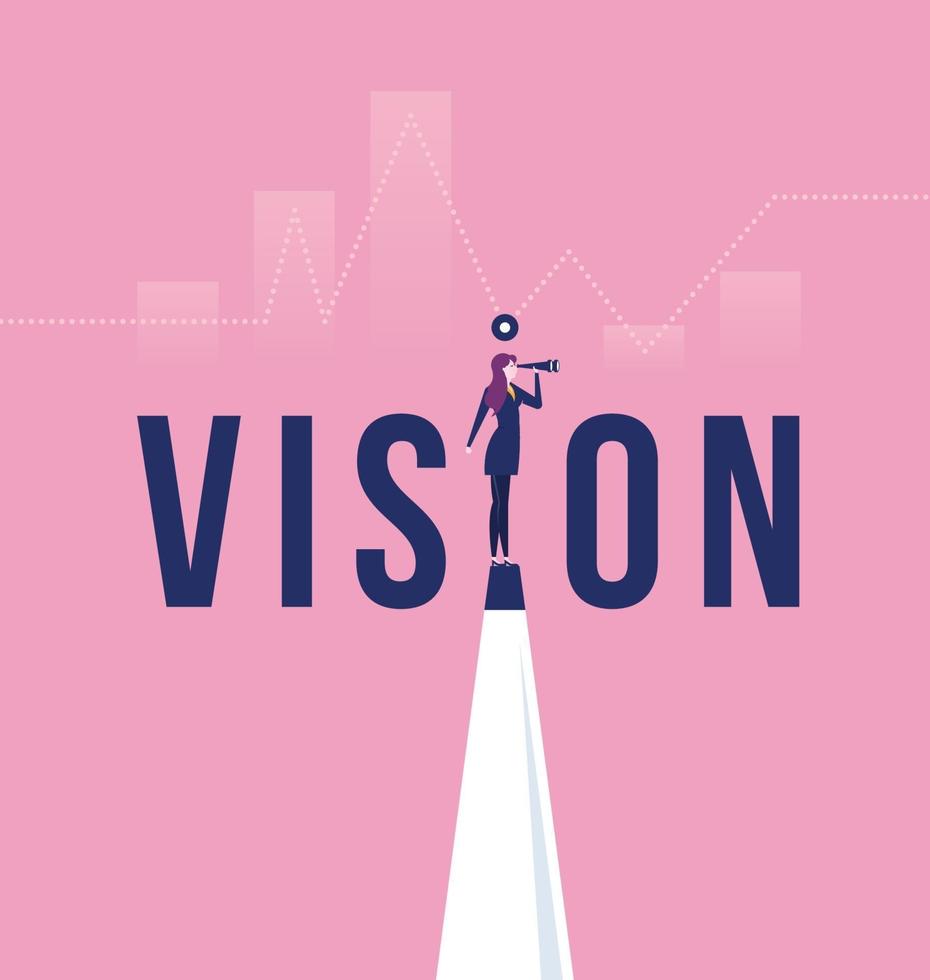 Visionskonzept im Geschäft mit Geschäftsfrau und Teleskop, monokular. Symbol Führung, Strategie, Mission vektor