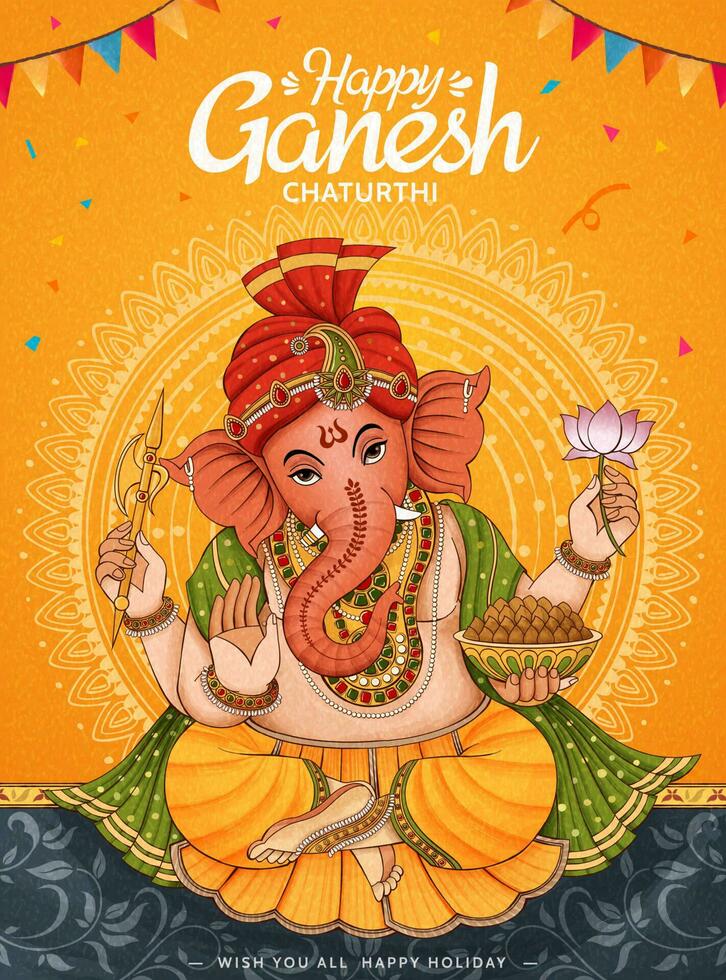 glücklich Ganesh Chaturthi Poster Design auf Chrom Gelb Hintergrund vektor