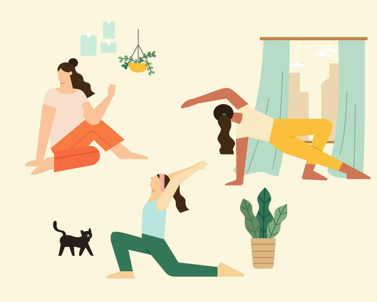 olika kvinnor håller på med yoga träna på Hem. platt illustration av honor utövar under stanna kvar på Hem tid. vektor