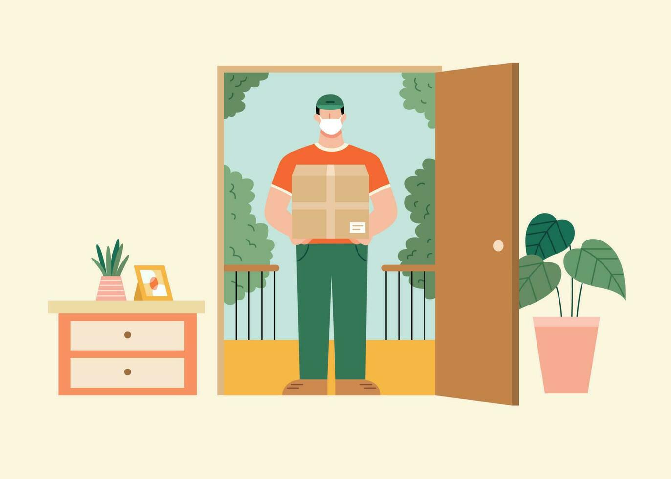 eben Illustration von ein Lieferung Mann mit Gesicht Maske Stehen beim Vorderseite Tür von ein Haus. Zuhause Lieferung von online Einkaufen Waren während Pandemie. vektor