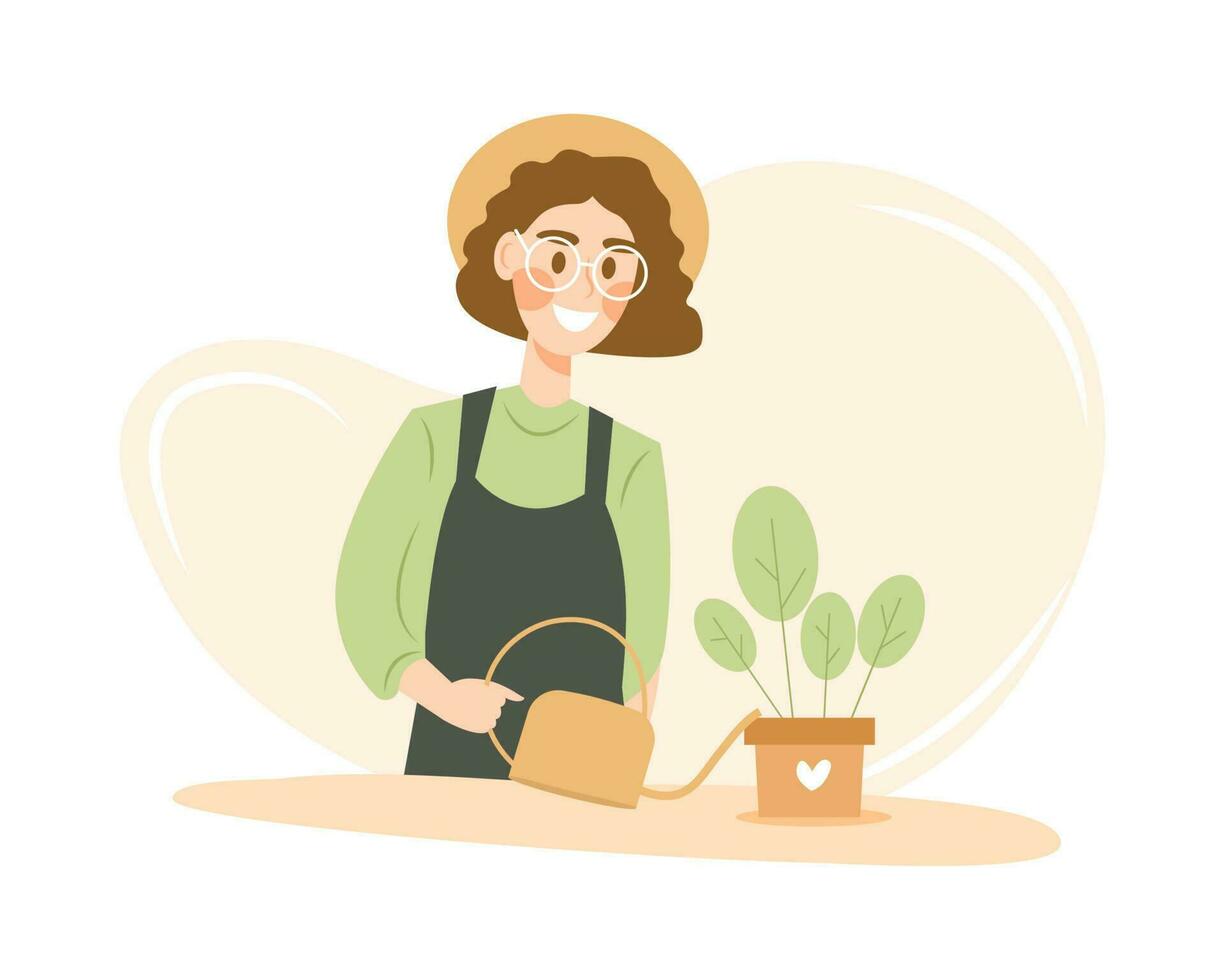 lächelnd jung Frau ist Bewässerung Haus Pflanze. süß eben Karikatur Charakter. Vektor Illustration isoliert auf Weiß Hintergrund