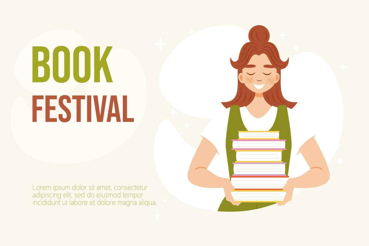 Buch Festival Poster oder Banner. lächelnd Mädchen halten Bücher. Vektor Illustration im eben Karikatur Stil. lesen Konzept. perfekt zum Bibliothek, Buch Messe oder Literatur Veranstaltung Beförderung