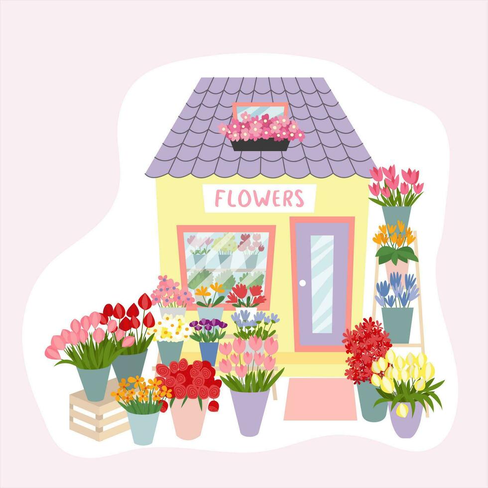 Blumen- Markt Fassade Innere Illustration. eben Stil Blume Geschäft dekoriert mit Pflanzen und Blumen Vektor Illustration.