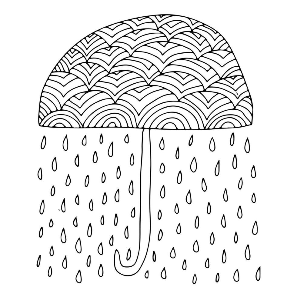 Vektor Gekritzel Regenschirm mit Regen Illustration. Hand gezeichnet Wetter Konzept Regenschirm unter Regen Tropfen