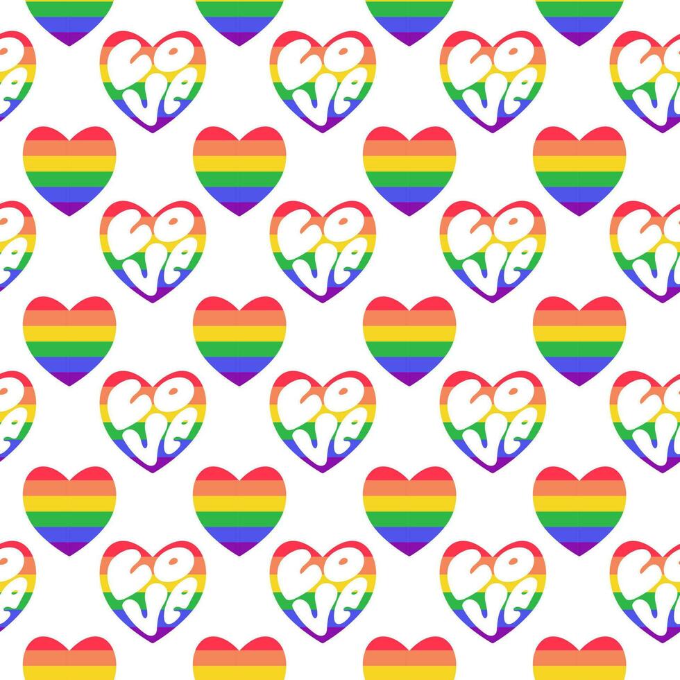 lgbtq nahtlos Muster mit Regenbogen Herzen und Beschriftung Liebe auf Weiß Hintergrund im eben Vektor Stil. lgbt Stolz Gemeinschaft Monat