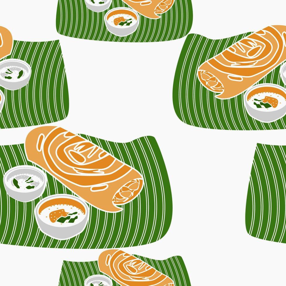 redigerbar topp sida se indisk masala dosa med chutney och sambar på banan blad vektor illustration sömlös mönster för bakgrund av kök relaterad design med söder asiatisk kultur och tradition