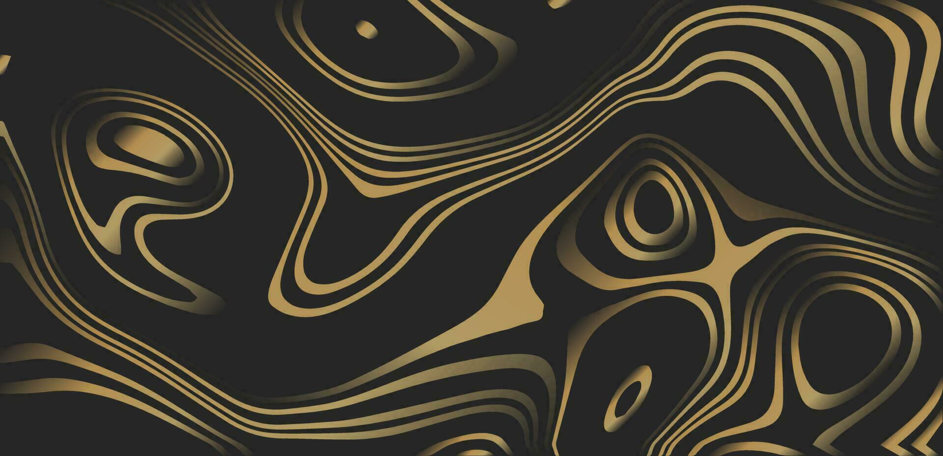 Gold Flüssigkeit Marmorierung Textur Design. elegant abstrakt Linie Kunst auf schwarz Hintergrund. Luxus Hand gezeichnet golden wellig Linien und wirbelt. scheinen Streifen Muster. Vektor Illustration