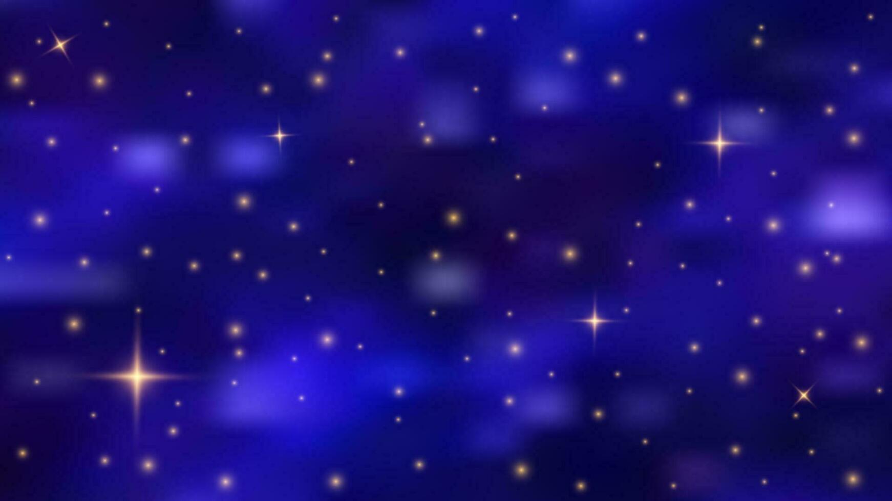golden Sterne Beleuchtung auf nächtlich Himmel. horizontal Raum Hintergrund mit realistisch Nebel, Sternenstaub und leuchtenden Sterne. unendlich Universum, Nachtzeit funkeln Design vektor