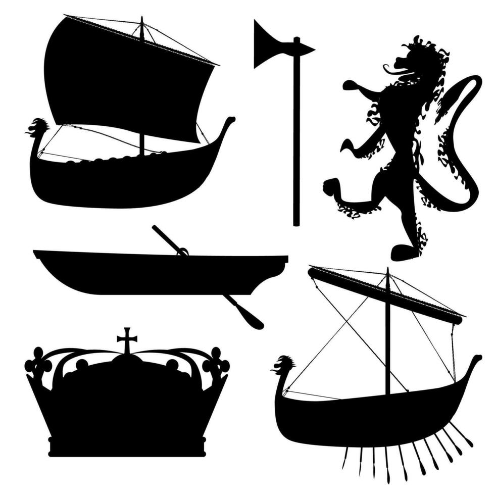 vikings silhuett uppsättning. krona, yxa, fartyg, lejon båt. vektor illustration isolerat på vit bakgrund.