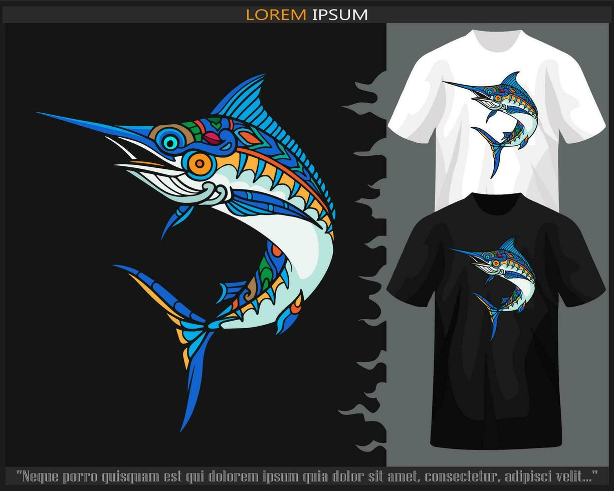 bunt Marlin Fisch Mandala Kunst isoliert auf schwarz und Weiß t Shirt. vektor
