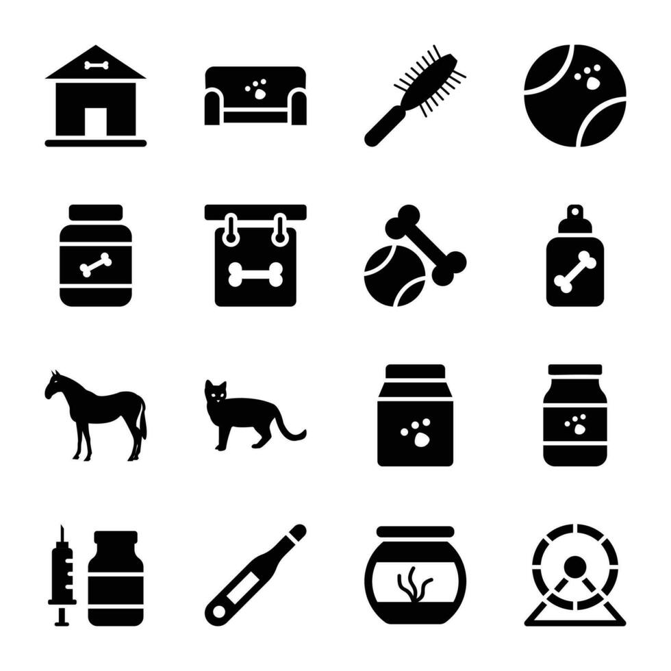 Haustier Lieferungen, Haustier Essen und Haustier Produkte Glyphe Symbole vektor