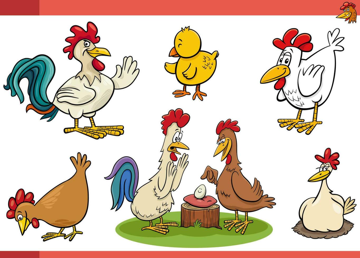 tecknad serie kycklingar bruka fåglar komisk tecken uppsättning vektor