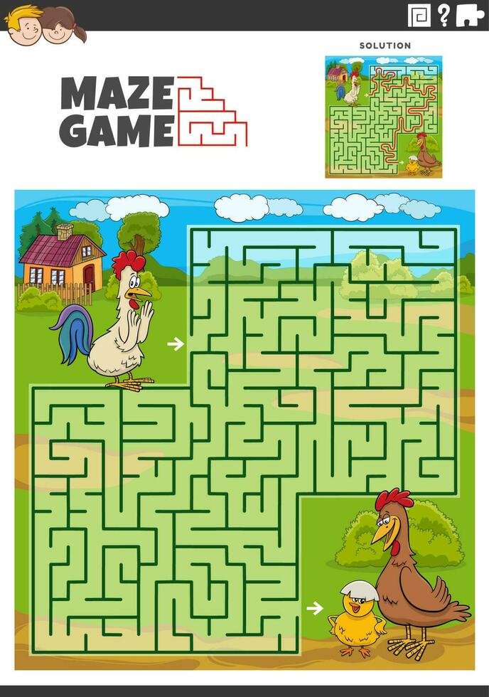 labyrint spel aktivitet med tecknad serie kycklingar tecken vektor