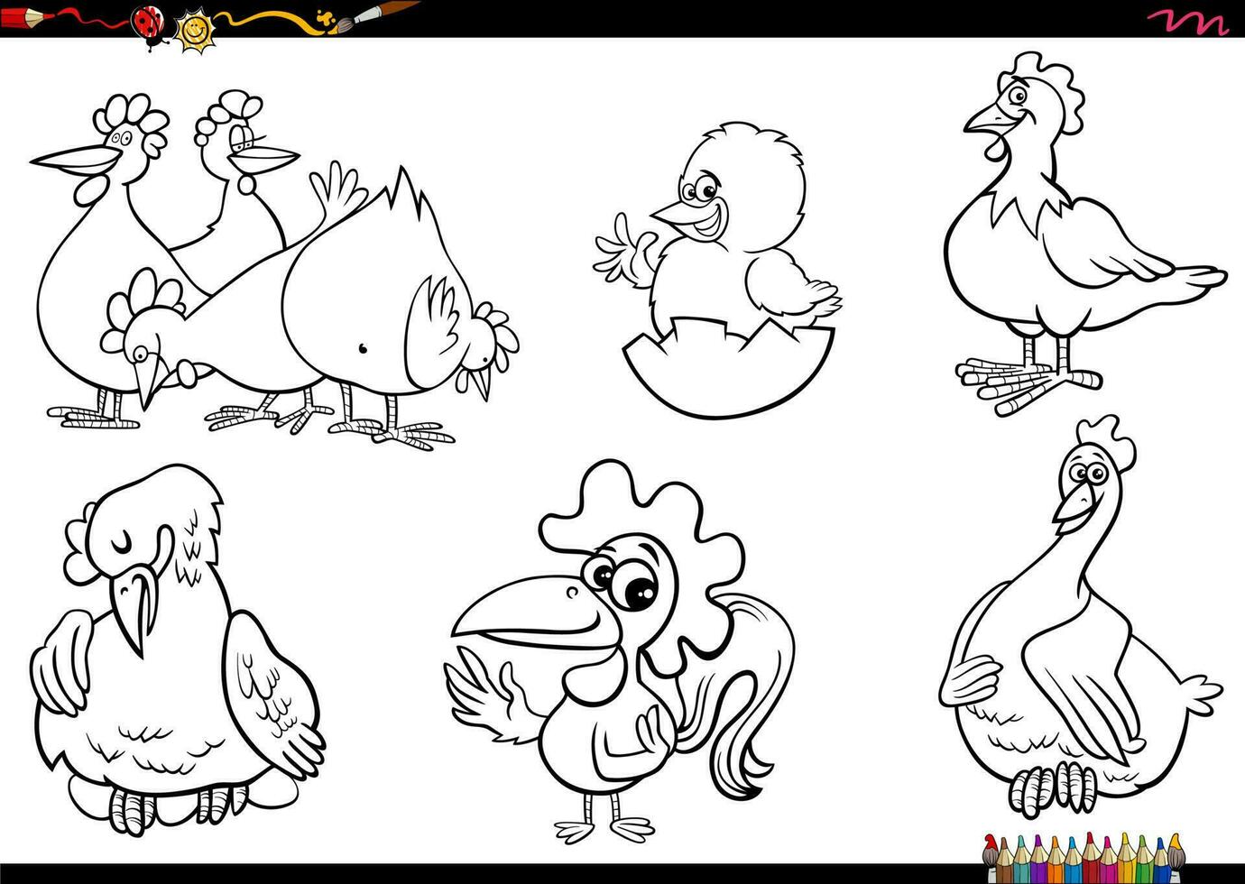 Karikatur Hühner Bauernhof Tier Zeichen einstellen Färbung Seite vektor