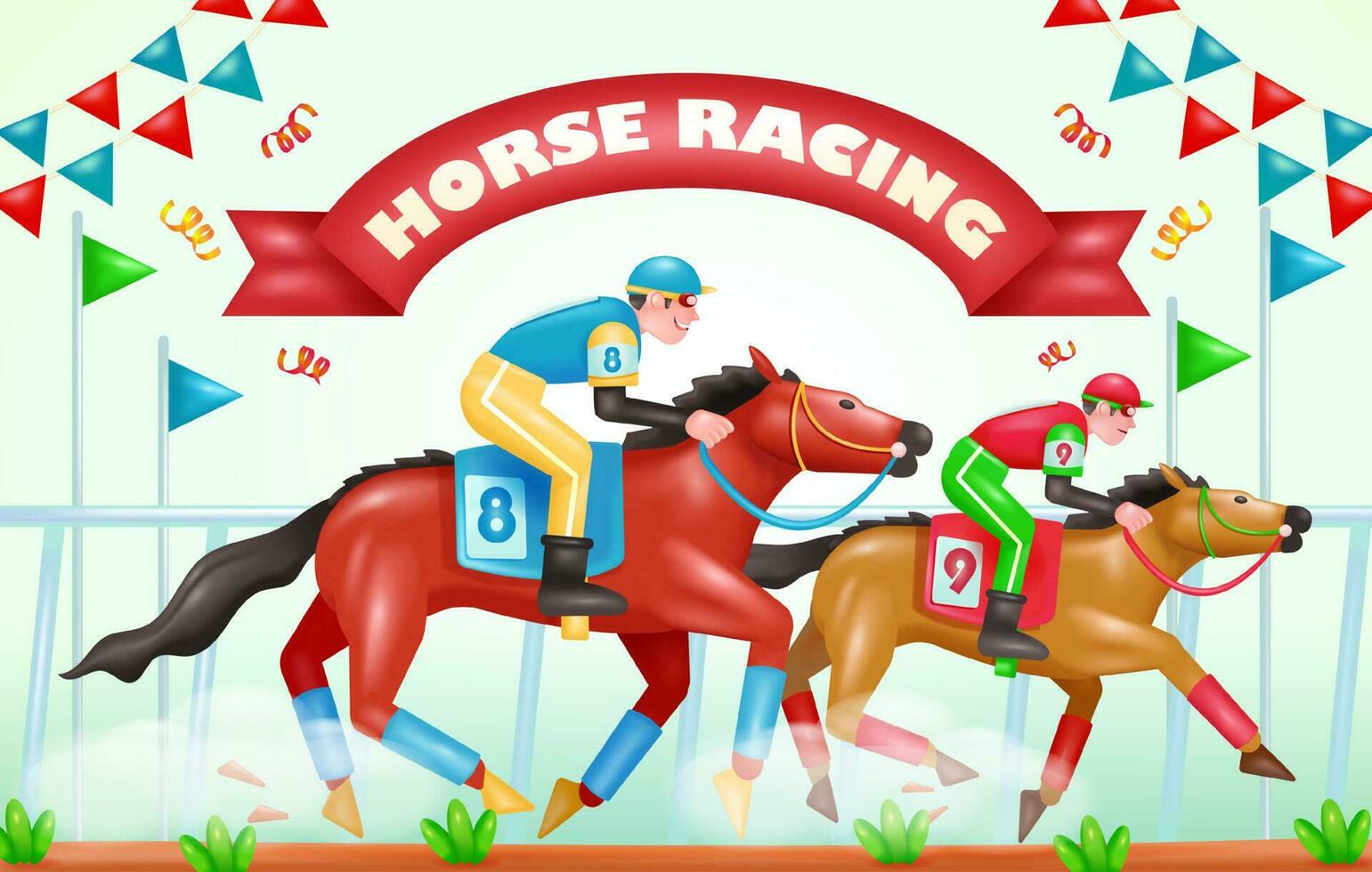 häst tävlings. 3d vektor illustration två kapplöpningshästar tävlande mot varje Övrig på de tävlingsbana