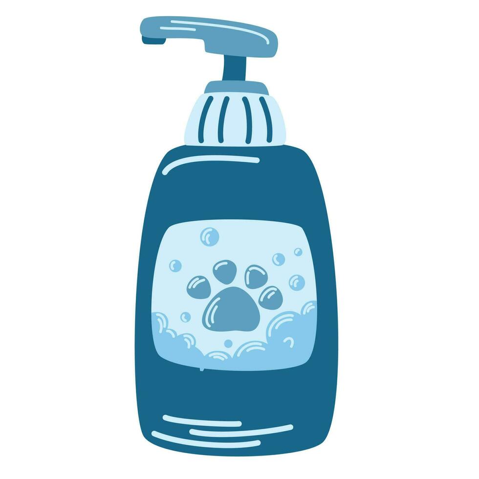 Shampoo zum Hunde. Haar und Pfoten Pflege. Pflege Ausrüstung. Haustier Geschäft Zubehör. Vektor eben Illustration isoliert auf das Weiß Hintergrund.