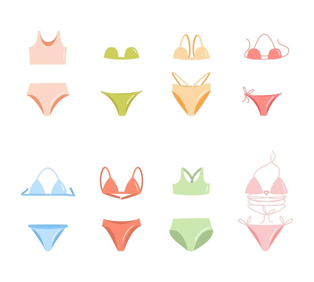 weiblich Gekritzel Badeanzüge Bikini einstellen Vektor Illustration