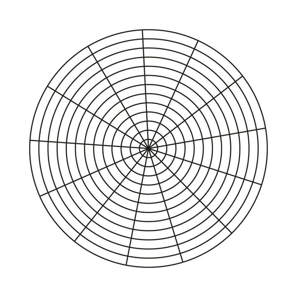 hjul av liv mall. enkel coaching verktyg för visualisera Allt områden av liv. tom polär Graf papper. polär rutnät av 13 segment och 12 koncentrisk cirklar. cirkel diagram av liv stil balans. vektor