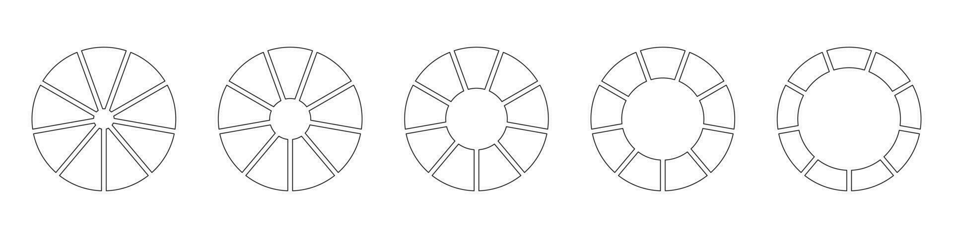 Räder runden geteilt im neun Abschnitte. Gliederung Krapfen Diagramme oder Kuchen segmentiert auf 9 gleich Teile. Diagramme Infografik Satz. Kreis Sektion Graph Linie Kunst. Kuchen Diagramm Symbole. geometrisch Vektor Elemente.