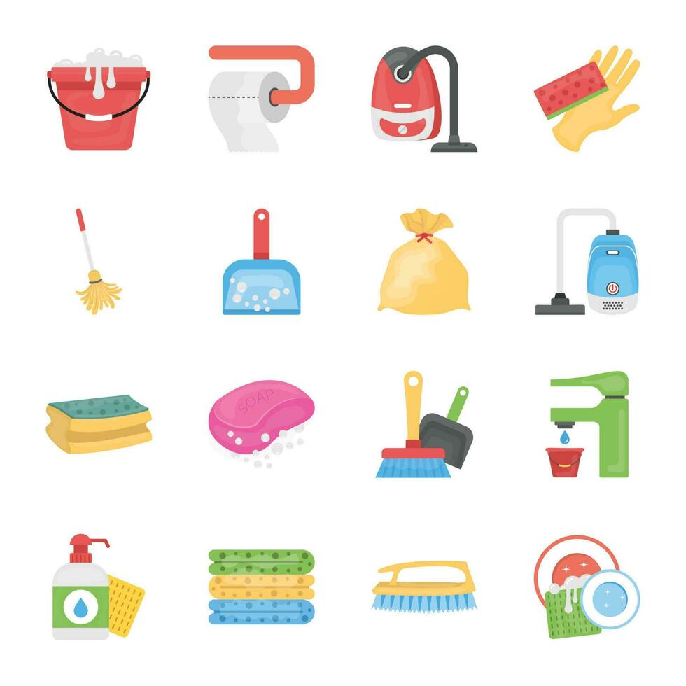 rengöring och hembiträde platt ikoner vektor