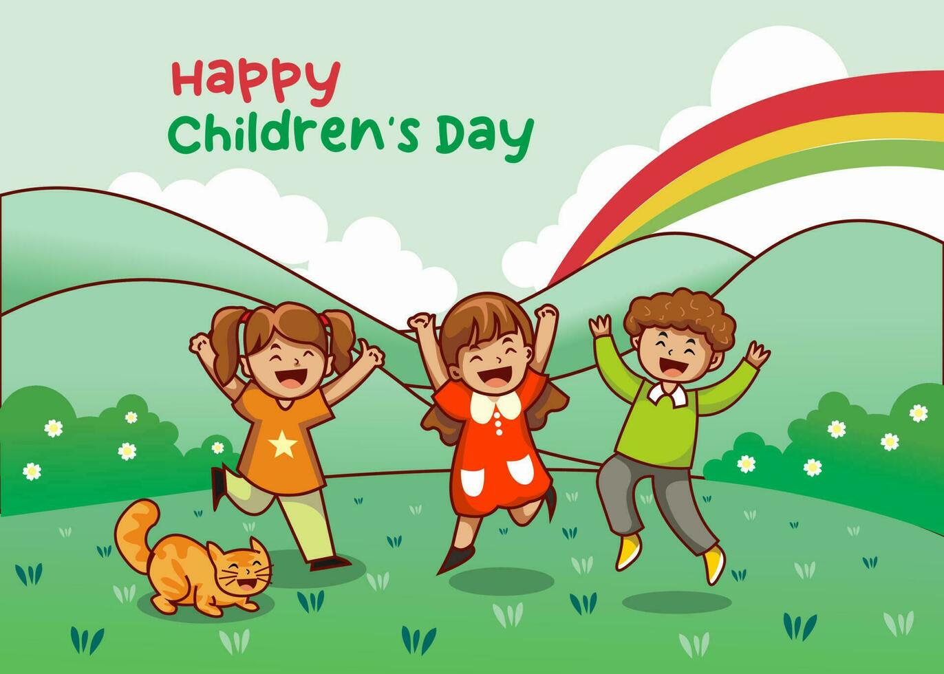 Welt Kinder- Tag Poster, Kinder- Tag Banner, wenig Junge Charakter, Karikatur drei wenig Kinder spielen im das Park mit Katze, Karikatur Hintergrund vektor