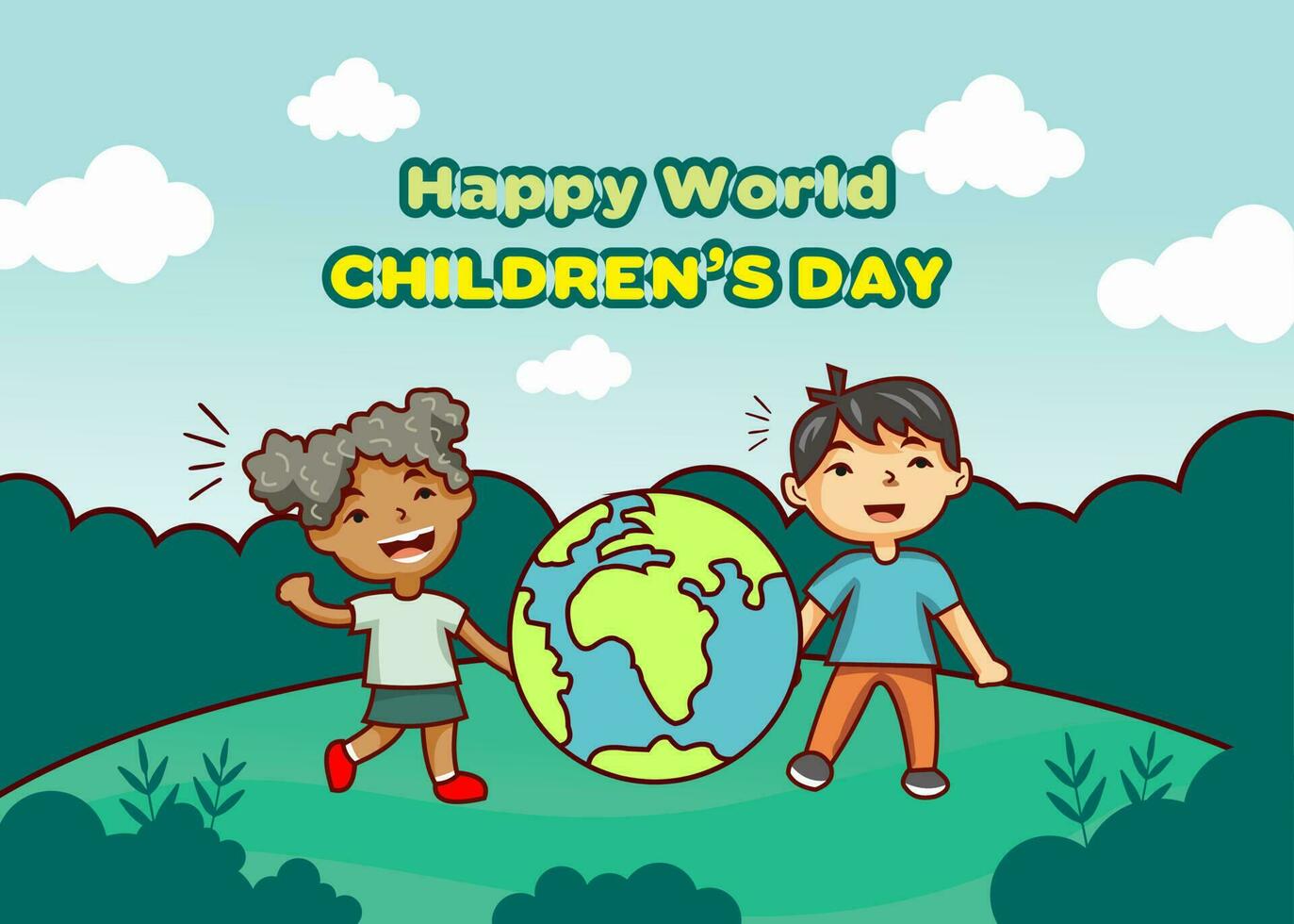 värld barns dag affisch, barns dag baner, liten pojke karaktär, tecknad serie kinesisk pojke och afrikansk amerikan flicka i de parkera bärande en värld klot fira värld barns dag, tecknad serie bac vektor