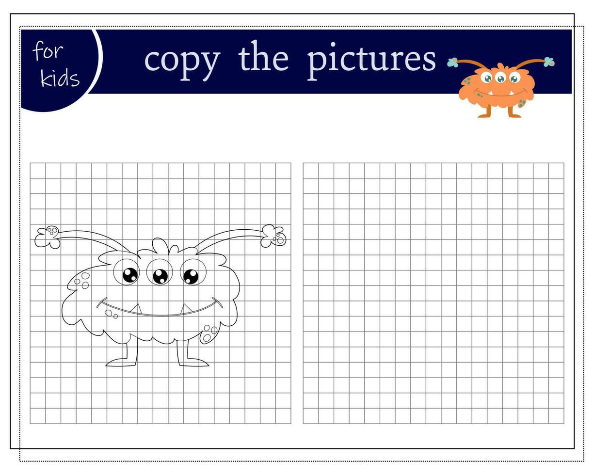 Kopieren ein Bild, ein lehrreich Spiel zum Kinder, ein Karikatur Monster, ein Außerirdischer im ein fliegend Untertasse. Vektor Illustration auf ein Weiß Hintergrund