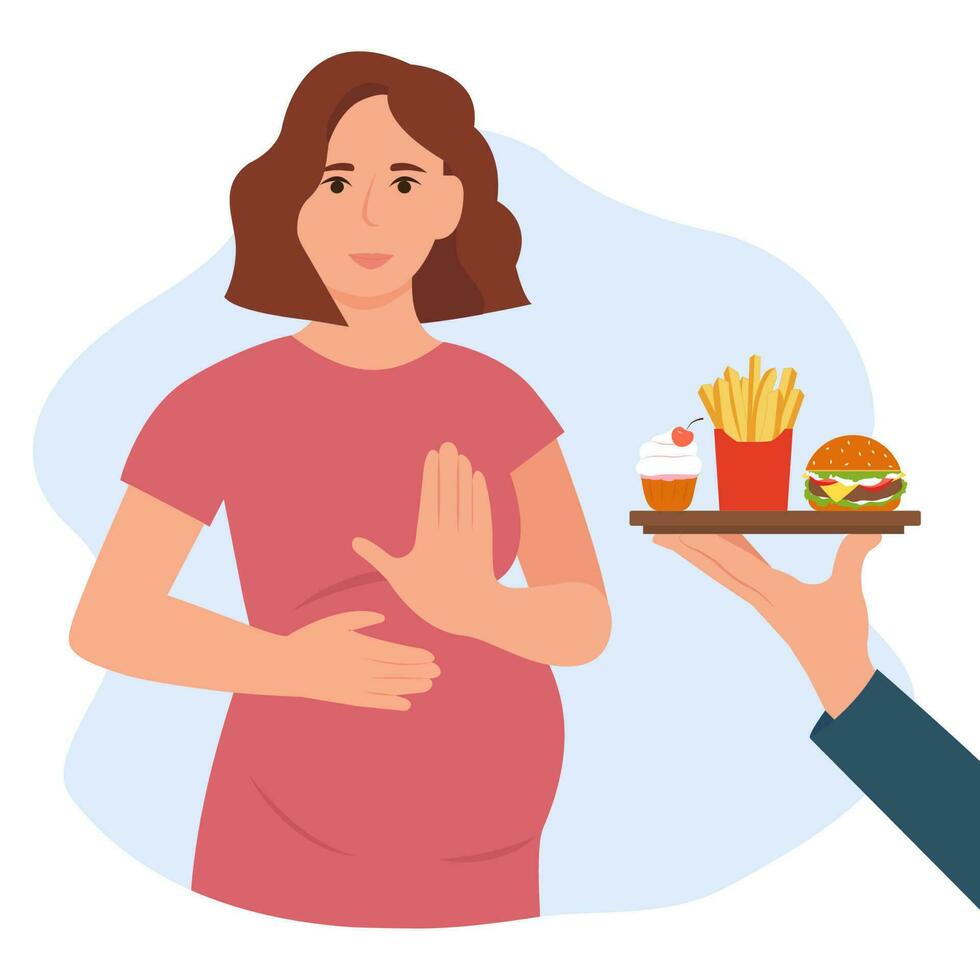 gravid kvinna vägra snabb mat. ohälsosamt, fett, Hög kalorie måltider. bantning och friska livsstil. vektor illustration