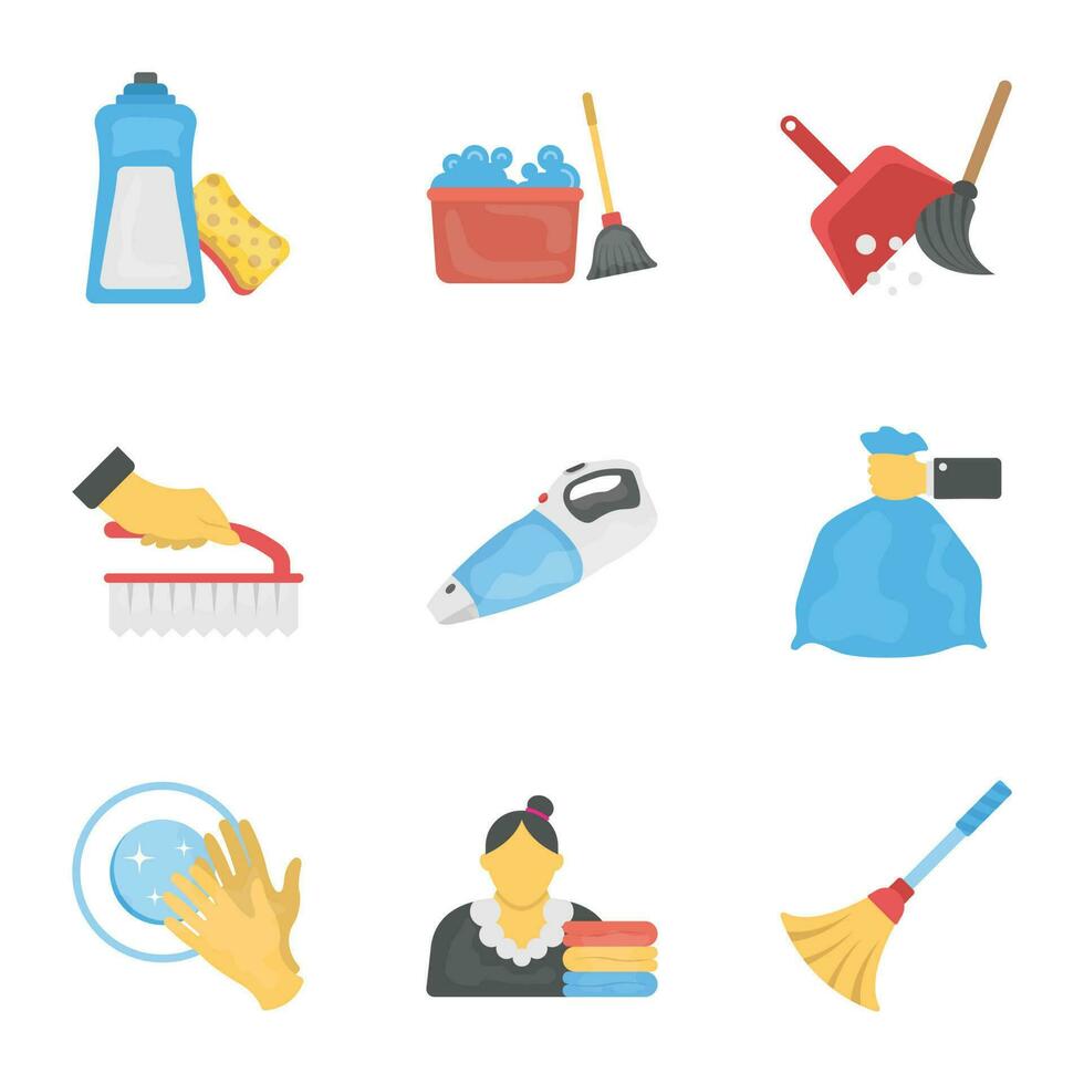 rengöring och hembiträde platt ikoner vektor