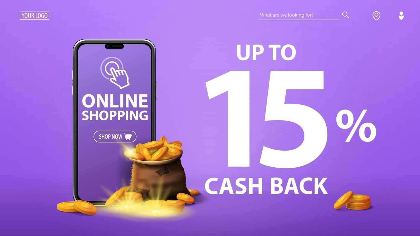 Cashback-Banner für die Website mit einer Tüte Goldmünzen mit Smartphone und großem Angebot auf lila Hintergrund vektor