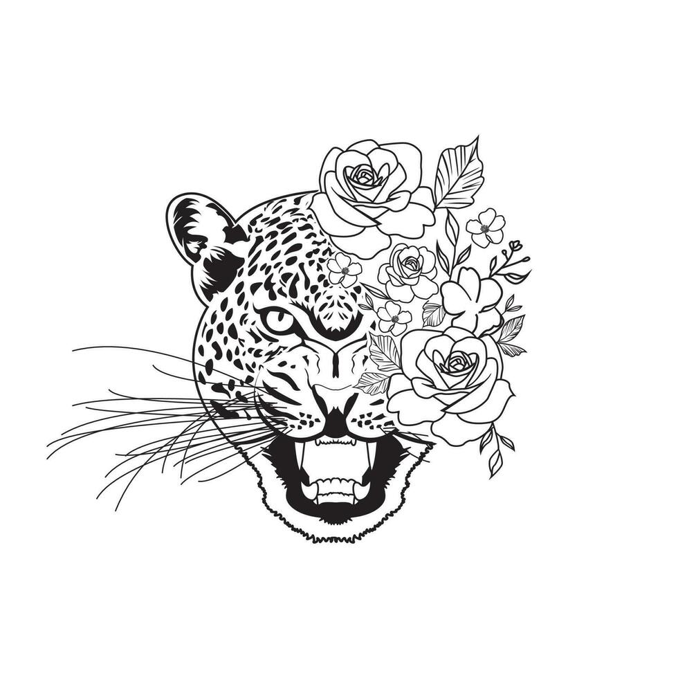 tiger huvud med ett sida bär blomma, vektor illustration av tiger med blomma, tiger med reste sig, rytande lejon med blomma