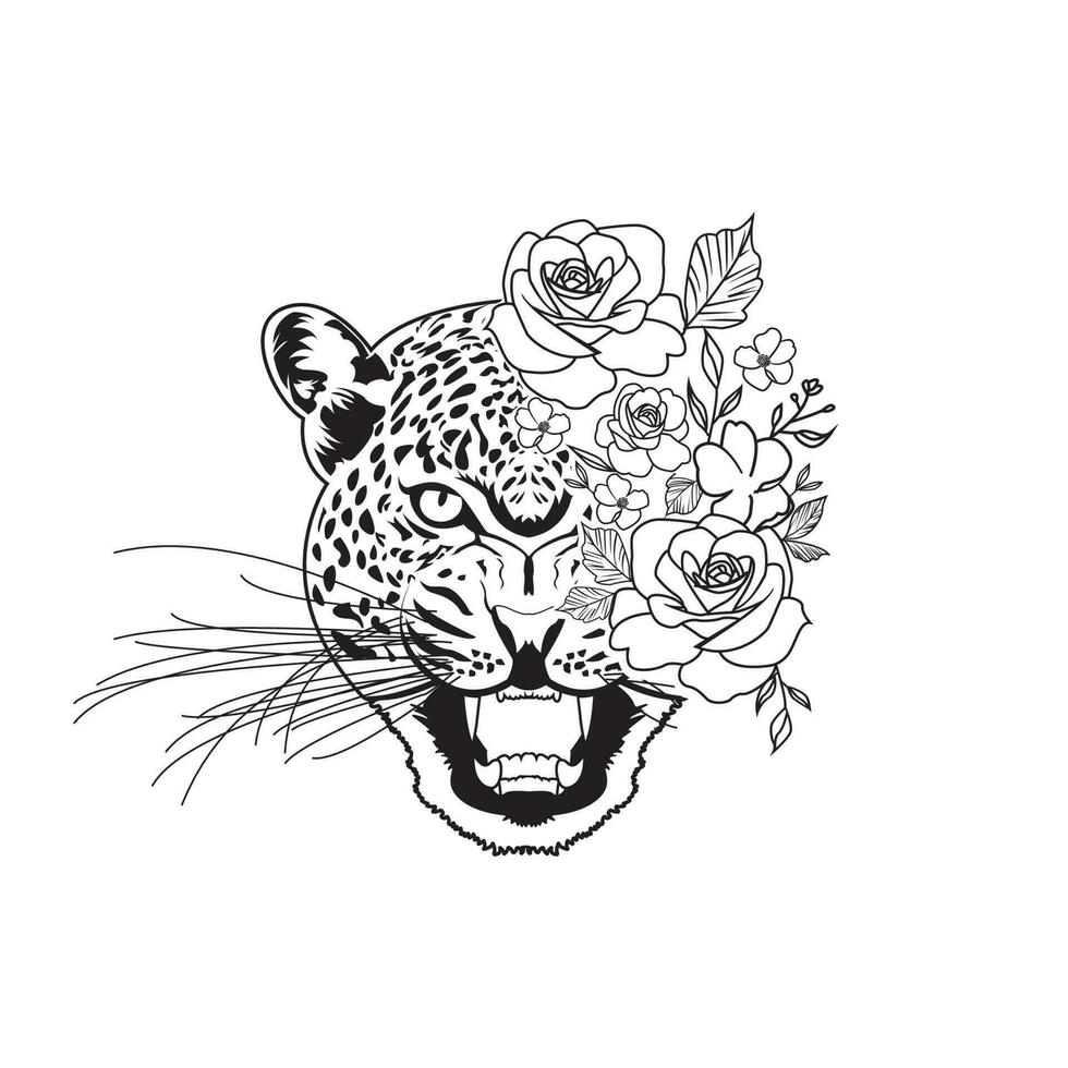 Tiger Kopf mit einer Seite tragen Blume, Vektor Illustration von Tiger mit Blume, Tiger mit Rose, brüllend Löwe mit Blume