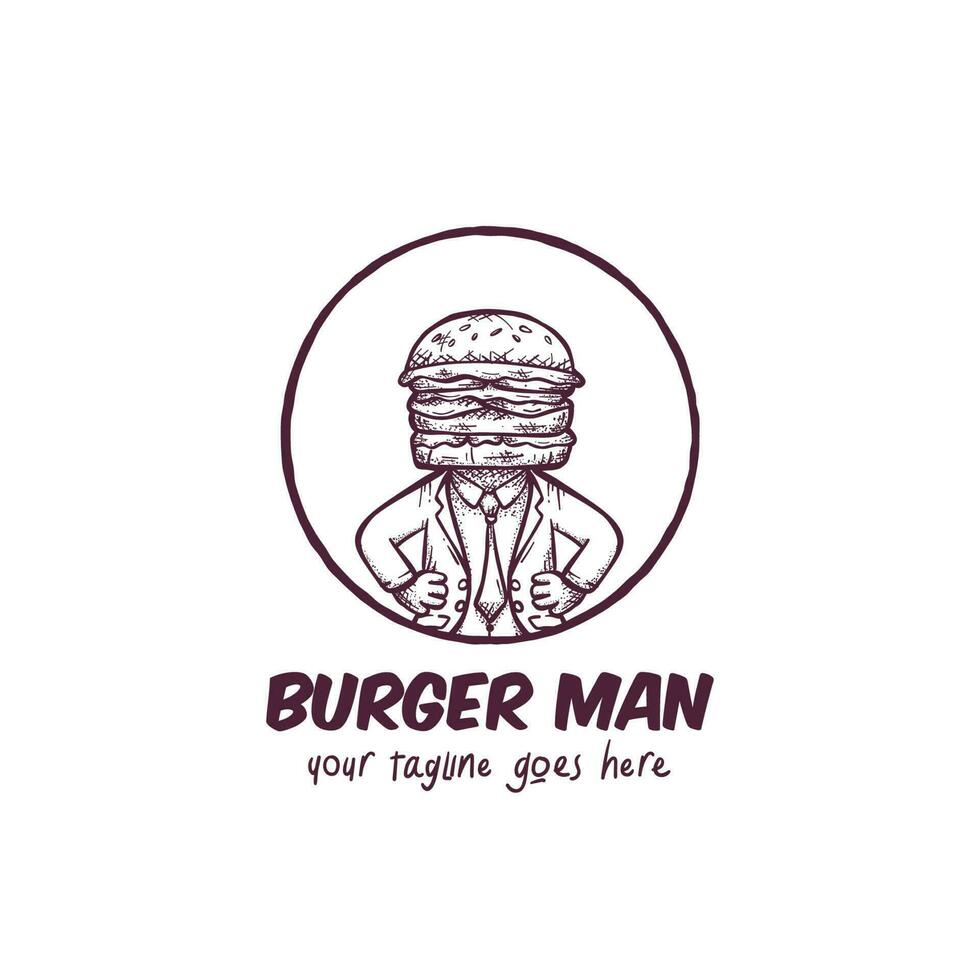 Herr Burger Vektor Logo mit Jahrgang skizzieren Stil Illustration tragen Anzug, Kleid Hemd und Krawatte