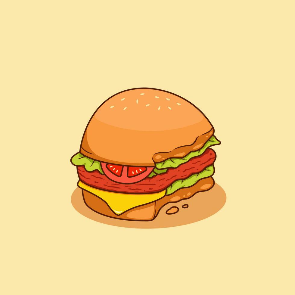 Bitten burger med skinka kött och ost vektor illustration, halv uppäten hamburgare illustration