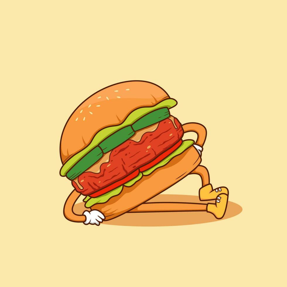 stor kött nötkött burger tecknad serie liggande utgör på de golv vektor illustration