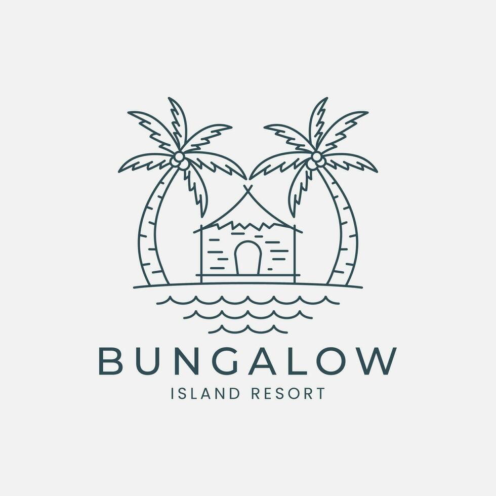 Bungalow Linie Kunst Logo Vektor Illustration Vorlage Design. Resort Insel, Palme Baum und Ozean Logo