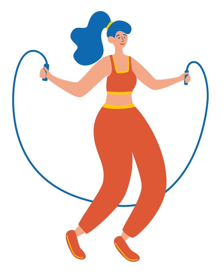 Frau macht Übungen mit Springseil. Cardio-Übungen. Mädchen Training Workout Gewichtsverlust Konzept. vektor