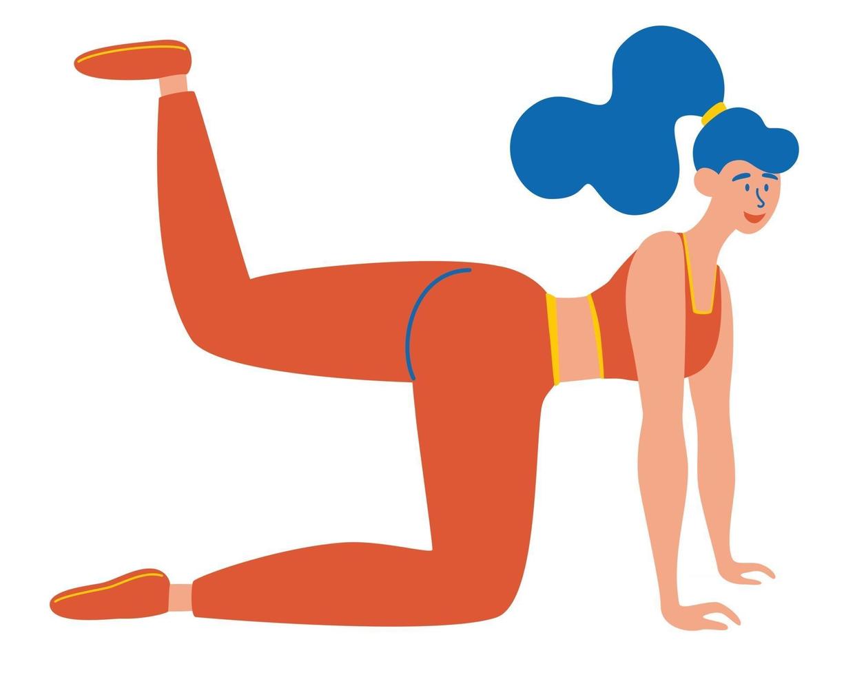 kvinnan gör gymnastik, tränar, skakar benmusklerna. flicka som gör övningar för skinkorna och höfterna. vektor