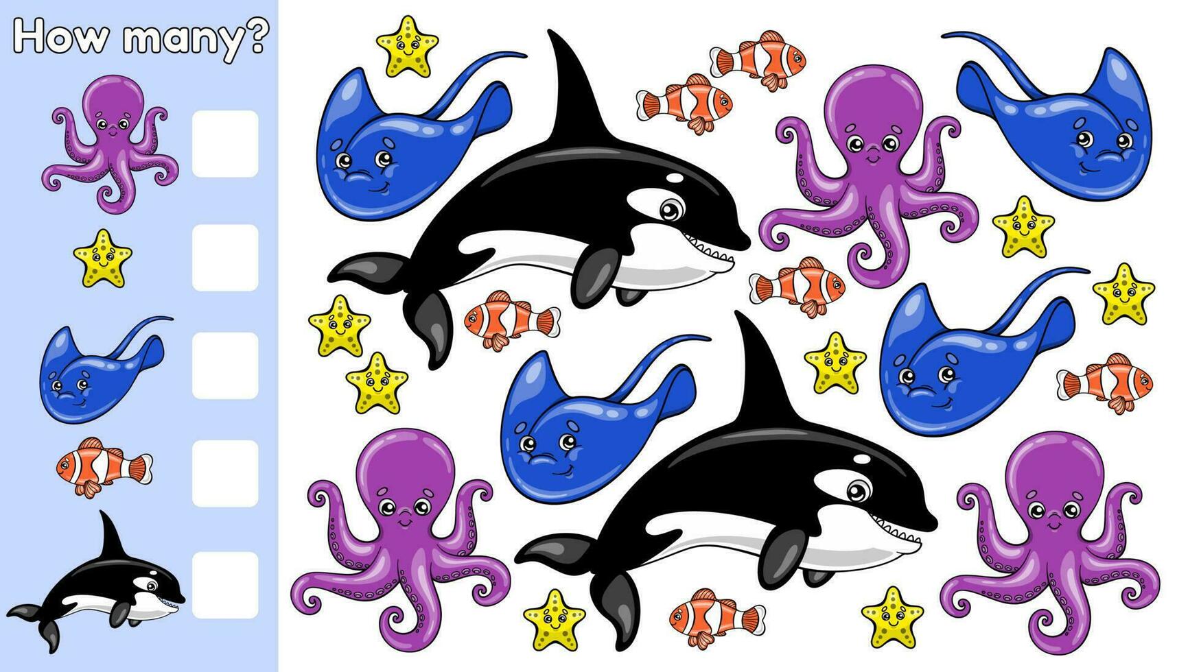 lehrreich Spiel zum Kinder , Mathematik Kinder Aktivität Blatt. Anzahl Wie viele Meer Tiere. Arbeitsblatt zum Vorschule und Schule Bildung. Karikatur Vektor Seesterne, Stachelrochen, Kraken, Fische und Orcas.