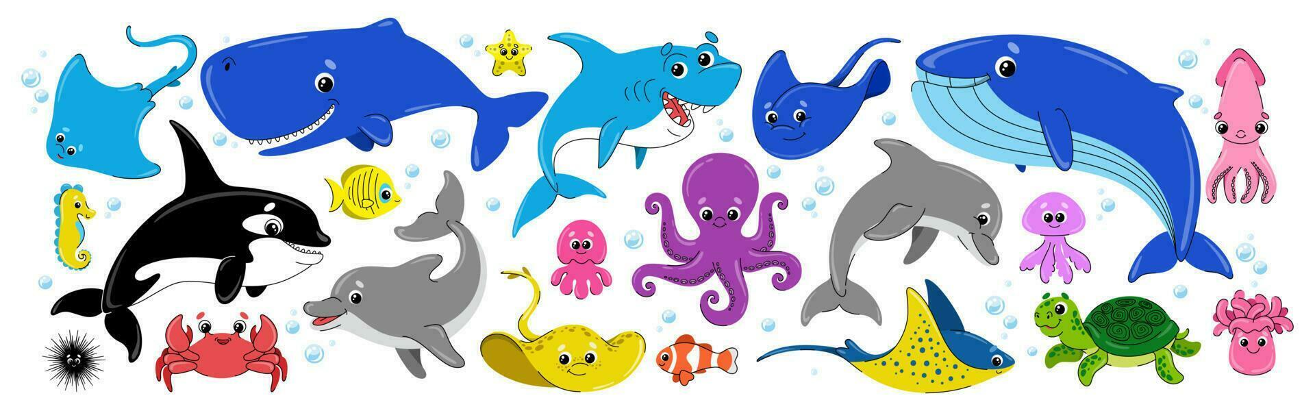 vektor tecknad serie hav och hav djur. uppsättning av söt marin tecken. under vattnet liv. illustration av rolig fisk, sköldpadda, delfin, val och Övrig. klotter av vild simning varelser i barnslig stil