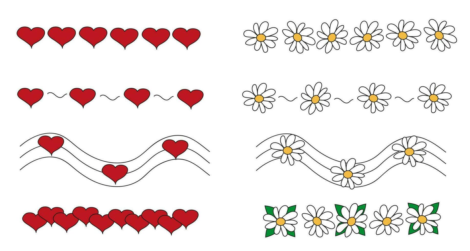 klotter delare med hjärta och kamomill. vektor ornament och kransar med dekorativ element. avdelare uppsättning kärlek hjärtan och blommor för anteckningsböcker, dagbok, banderoller