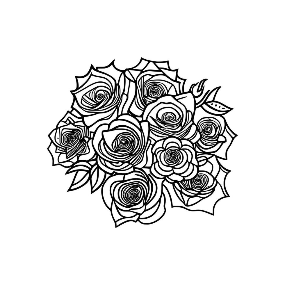 Strauß von Rose Hand gezeichnet Bleistift skizzieren, Färbung Buchseite, und Buch, Rose Blume Umriss, Illustration Tinte Kunst. Rose Vektor Kunst.