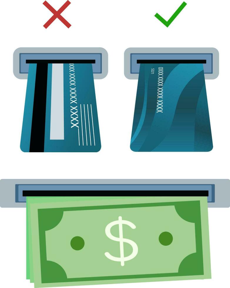 Wie zu einfügen Bank Lastschrift Karte in ein Geldautomat Maschine Illustration, stellen ein Geldautomat Karte, automatisiert Erzähler Maschine oder Geldautomat, abheben Geld im Geldautomat vektor