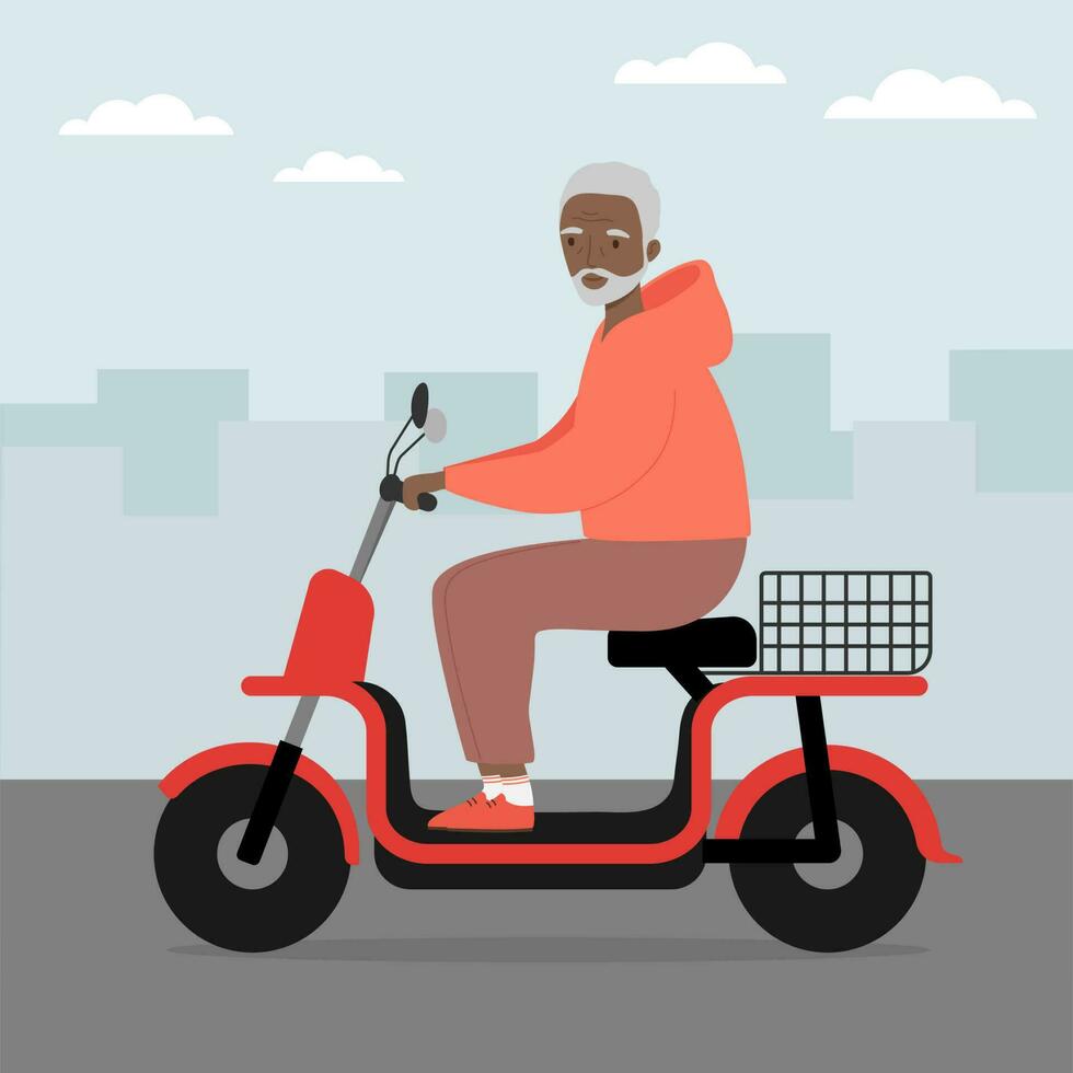 senior man ridning modern elektrisk cykel skoter i de stad. urban eco transport. vektor illustration